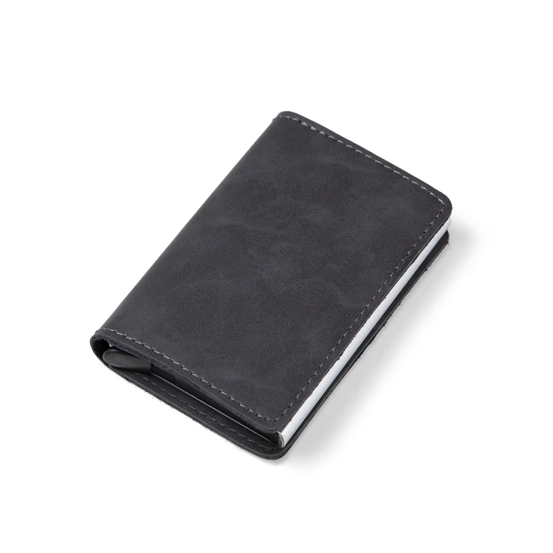 Men Wallet Automatic Credit card holder Crazy Horse Genuine Leather Aluminum Mini Wallet With Back Pocket ID Card RFID Blocking