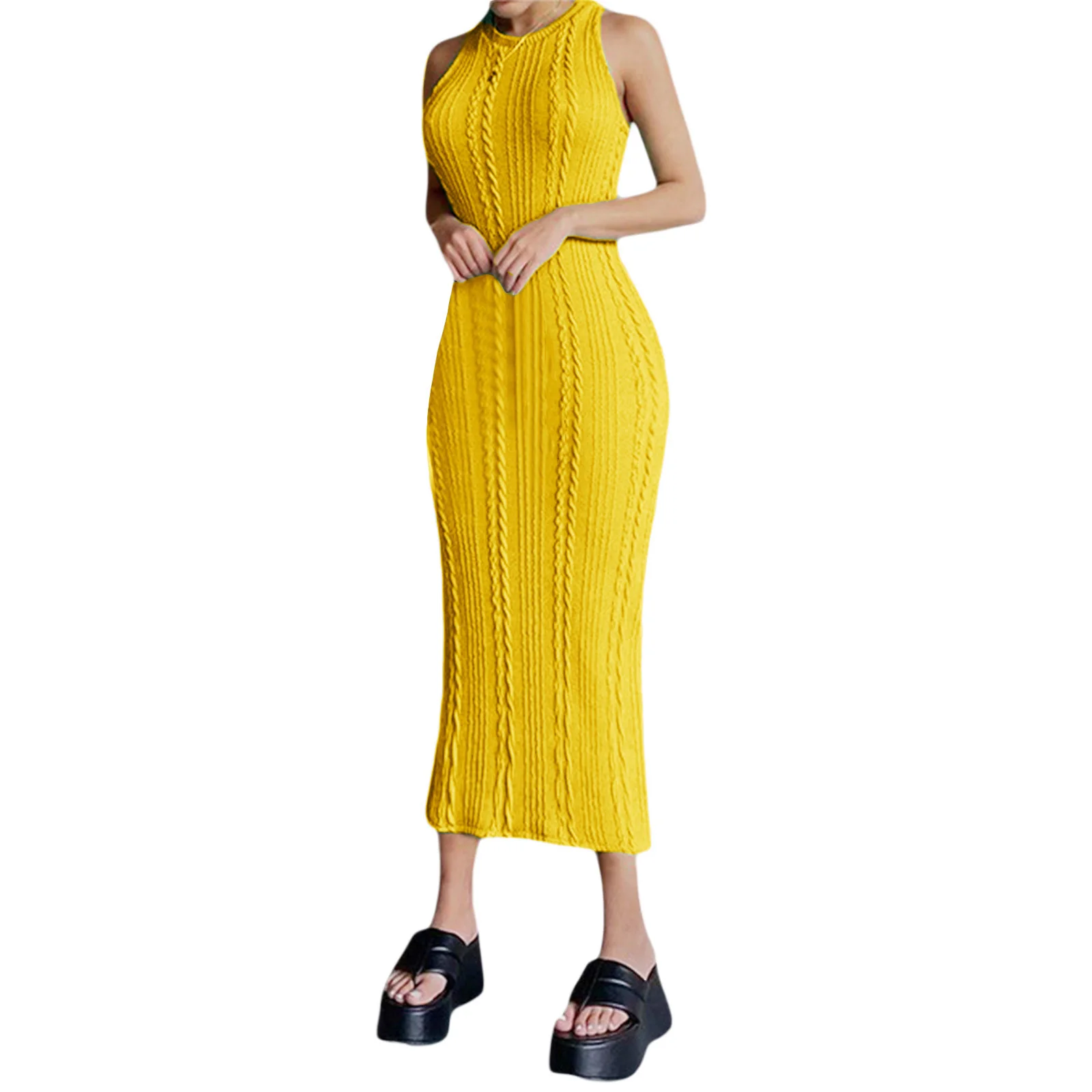 

Women Knit Sheath Dress, Adults Summer Sleeveless Solid Color Round Neck piece