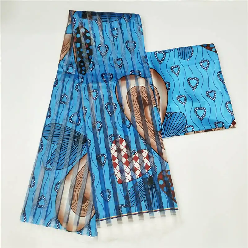 Новая африканская шелковая восковая ткань цифровая печать атласная восковая ткань для платья африканская восковая шелковая ткань с шифоновым комплектом для вечернего платья - Цвет: Синий
