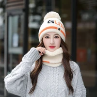 2021 fashion embroidery letters new winter pompom hat and scarf set for women girls plus velvet warm caps female winter casual t