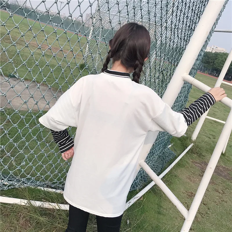 Сезон весна-осень Женская футболка с буквенным и символьным принтом в полоску