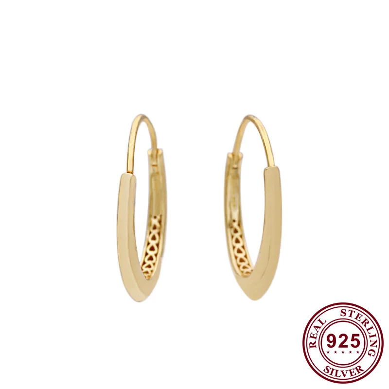 

925 Sterling Silver Pan Earring Gold Large Oval Earrings Hook Stud For Women Wedding Gift Fashion Jewelry