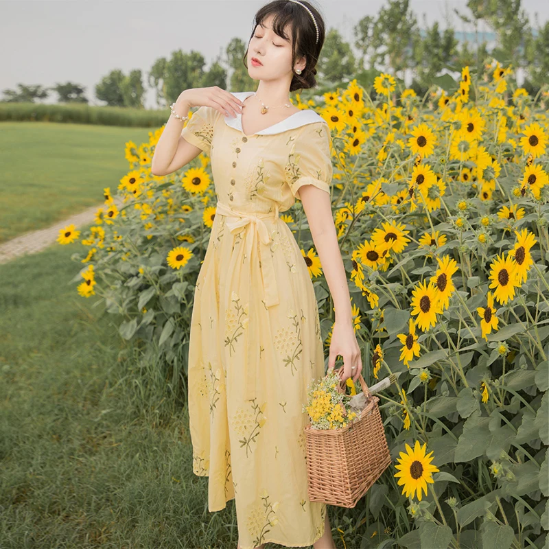 

Japanese Mori Girl Summer Women Midi Dress Peter Pan Collar Yellow Floral Embroidery Sweet Dress Elegant Chic Party Sashes Dress