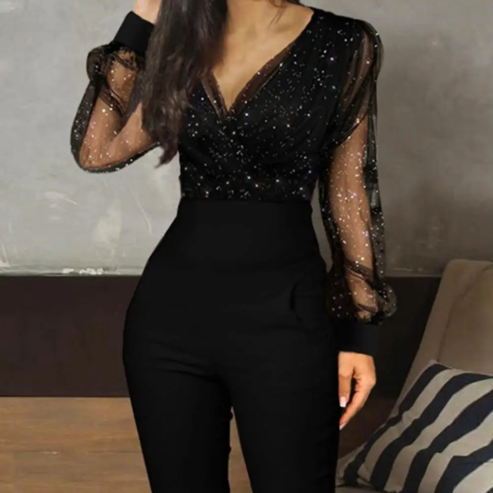 

Jumpsuits Women Deep V Neck Mesh Long Sleeve Sequins Glitter Jumpsuit One Piece Overall Spring Autumn Women's Clothing 2021