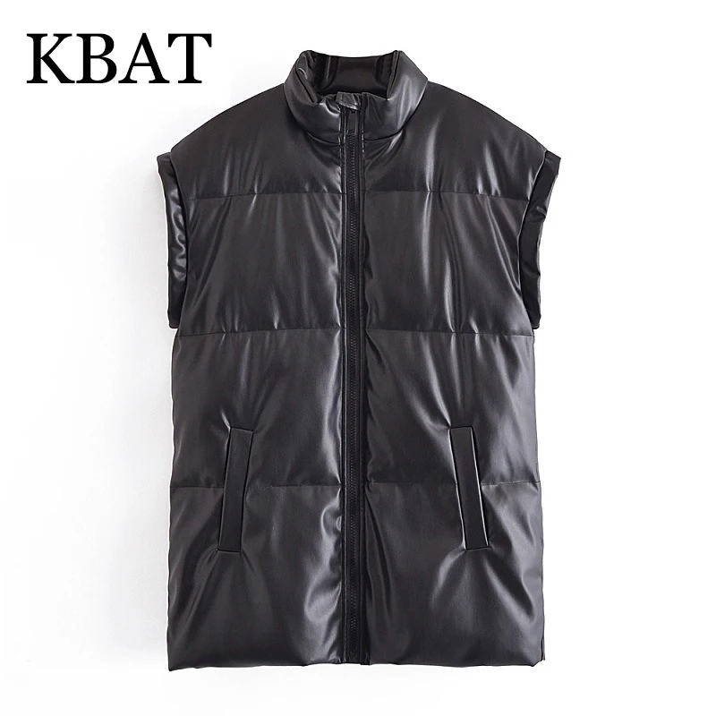 

KBAT 2021 Women Autumn Winter Casual PU Warm Vest Coat Solid Loose Long Waistcoat Female Fashion Down Faux Leather Vest