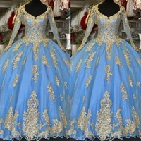 light blue gold quinceanera dresses with long sleeves 2022 sweetheart applique lace ball gown sweet 16 girls 15 girl graduation