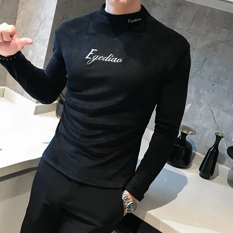 

British Style Embroidery T Shirt Men Clothing Fashion 2020 Long Sleeve Mens Casual T-Shirts All Match Solid Slim Fit Turtleneck