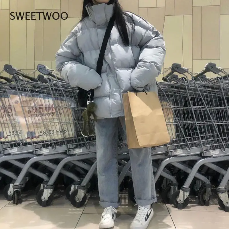 Winter Jacket Women Short Korean Loose Bread 2021 New Loose Solid Black Warm Streetwear Fashion Concealed Buckle Bubble Coat