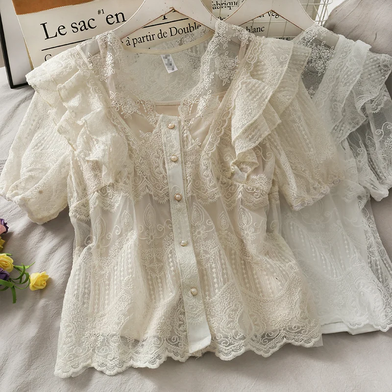 Суперфеи гофрированные пышные короткий рукав однобортный свободные Кружевная