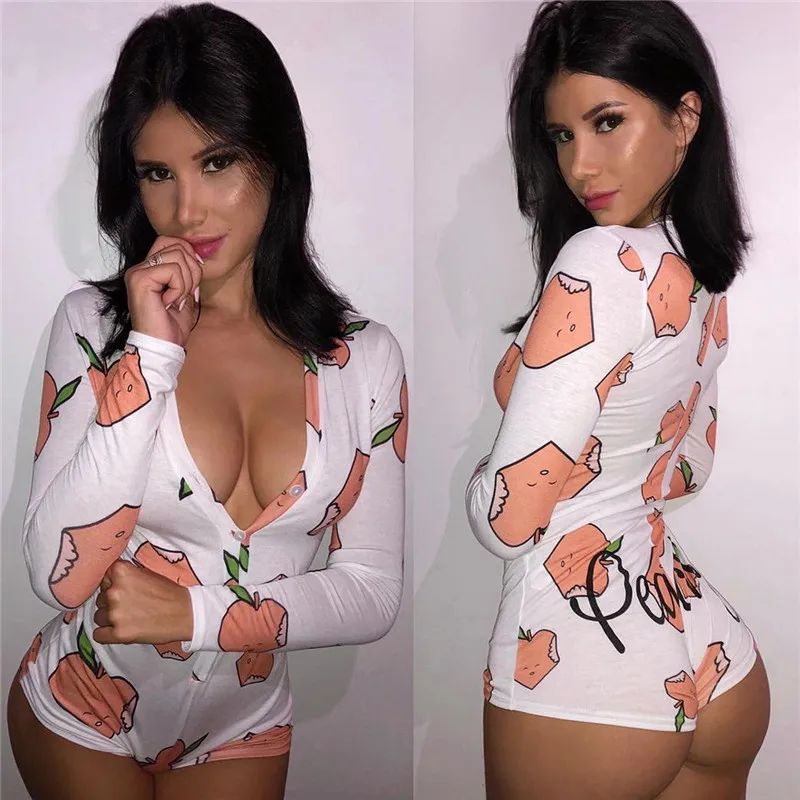 

Women Sexy Bodycon Bodysuit Deep V Neck Sleepwear Jumpsuits Short Romper Leotard Tops Long Sleeve Print Button Bodysuit