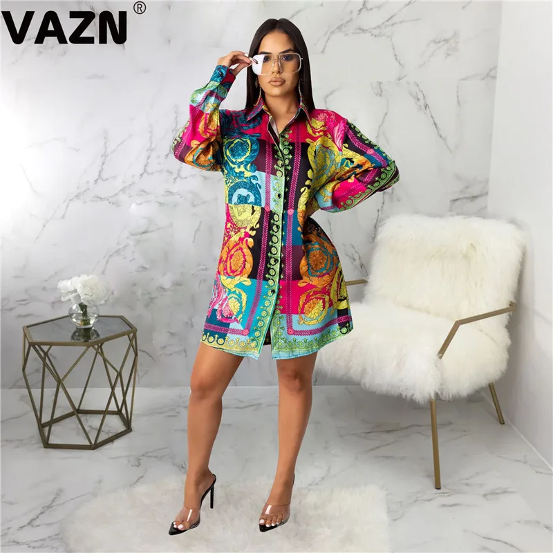 VAZN New Design Colorful Street Style Sexy Shirt Dress 2019 V-neck Long sleeve dress Loose Lady Party Club | Женская одежда