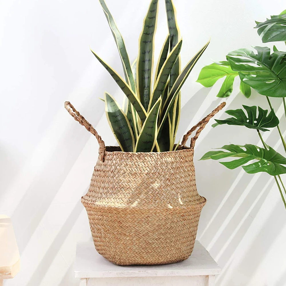 

Seagrass Wickerwork Storage Basket with Handles Woven Belly Plant Pot Organizer for Laundry Picnic Living Room Bedroom(26x23cm)