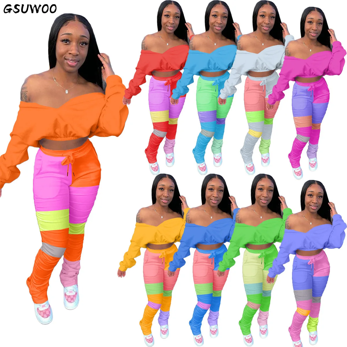 

Gsuwoo Color Patchwork Two Piece Set Casual Off Shoulder Long Sleeve Crop Tops Legging Pants Suit Outfit Streetwear Matching Set