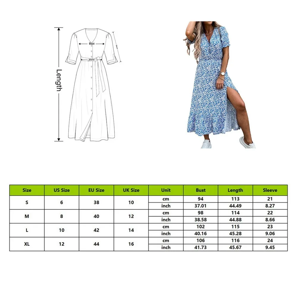

Summer Sexy Slim Button V Neck Party Dress Elegant Gorgeous Floral Print A-Line Dress Women Fashion Short Sleeve Slit Long Dress