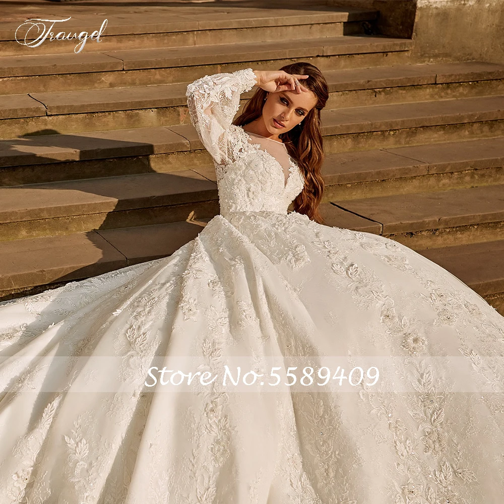 

Traugel Vintage Luxury Scoop A Line Lace Wedding Dresses Chic Long Lantern Sleeve Bride Dress Court Train Wedding Gown Plus Size