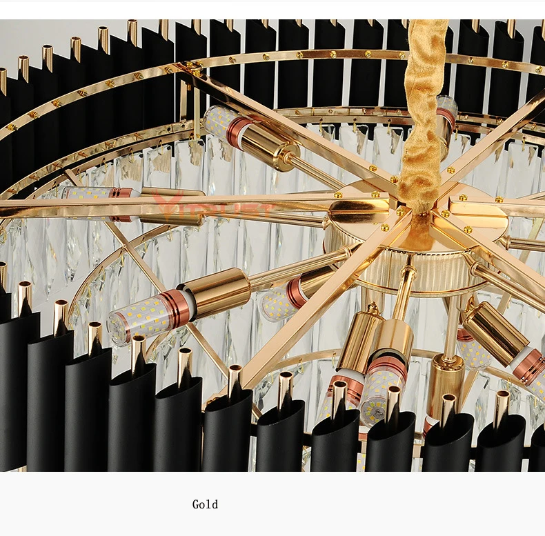 

Modern Crystal Chandelier Lights Lamps Gold Black Hanging Ceiling Round Lighting Fixtures Restaurant Dining Living Room Bedroom