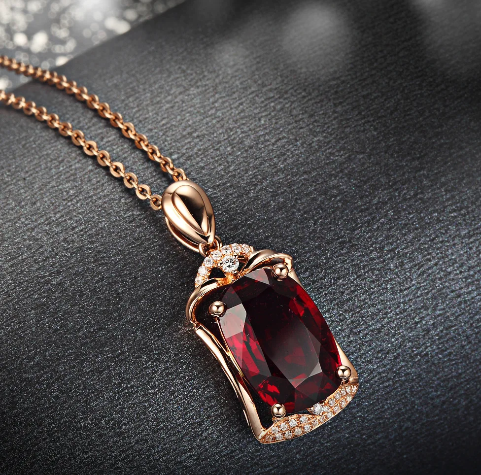 Real 14K Rose Gold Pierscionki Pendant Bizuteria Gemstone Natural Red Ruby Treasure Pendant 45cm Necklace Jewelry 1cm Pendant
