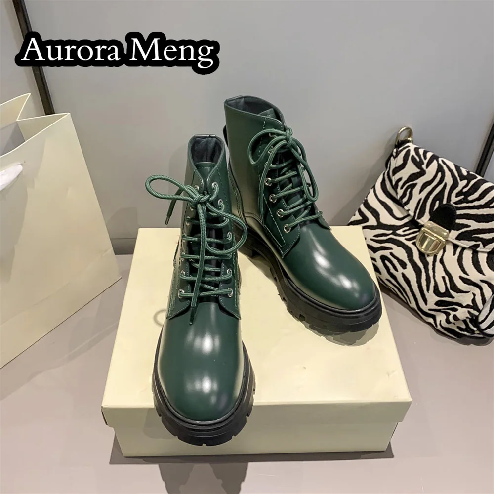 

Ботинки мартинсы женские из натуральной кожи, ботильоны на шнуровке, с круглым носком, обувь на толстой подошве, Осень-зима