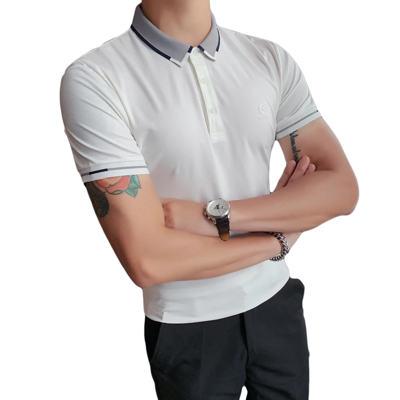 

Brand Summer Polo Shirts Men British Color Contrast Polo Hombre Casual Slim Shorts Sleeve Lapel Tee Tops Business Social Polos