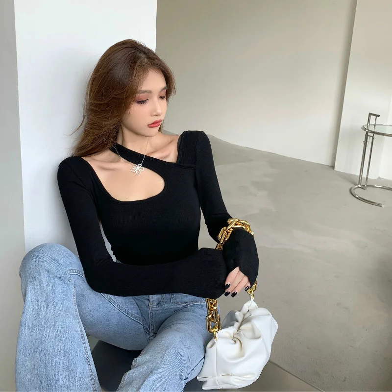 

Pure Desire Style Design Sense Halterneck Long-Sleeved T-shirt Bottoming Shirt Female Fall and Winter Inner Wear Short Sexy