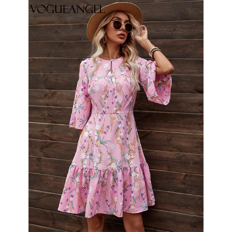 Женское платье летнее модное милое розовое Цветочный принт с О образным вырезом