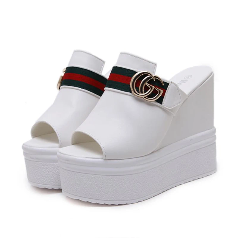 

Wedge Women's Slippers Super Thick High Heels Platform Sandals Sexy Metal Letter Buckle Outer Wear Peep Toe Women Shoes Slides