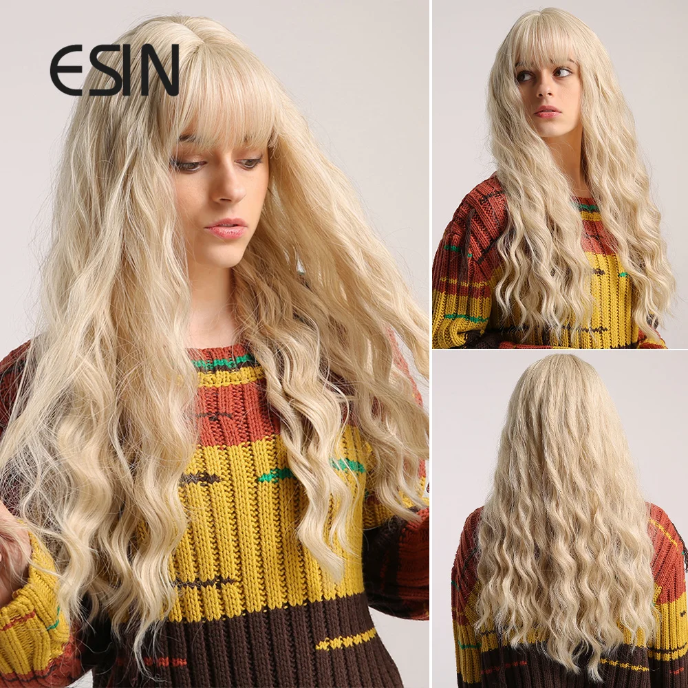 ESIN синие фиолетовые волосы омбре с челкой длинные волнистые синтетические