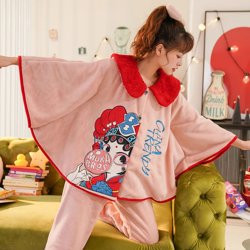 National Tide Chinese Wind Winter Pyjamas Flannel Women Sleepwear Coral Fleece Nightgown Doll Collar Loose Version Batwing