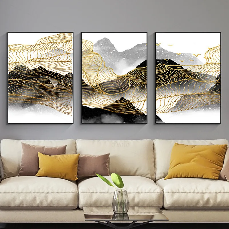 Черно Золотой пейзаж на холсте настенные картины искусство для тумана горы