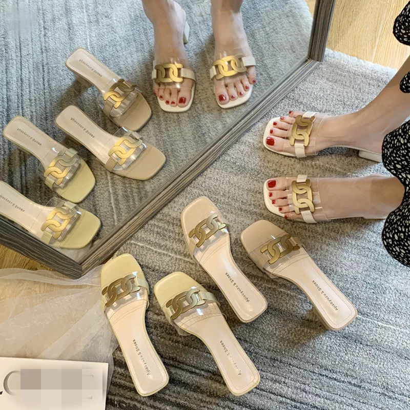 

Slippers Women Summer Shoes Rivet Square Toe Heeled Mules Slides Pantofle Fashion High 2021 Luxury Block Transparent Rubber Meta