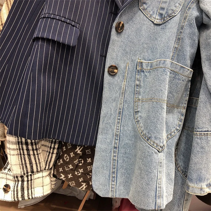 Женский блейзер куртка Дизайнерский полосатый Джинсовый в стиле пэчворк Длинные