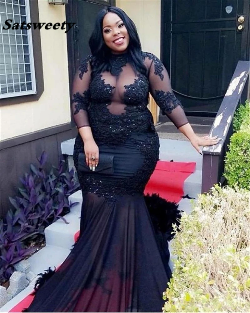 

African Plus Size Black Girls Prom Dresses 2022 Feathers Mermaid High Neck Appliques Sequins Long Sleeves Evening Gowns