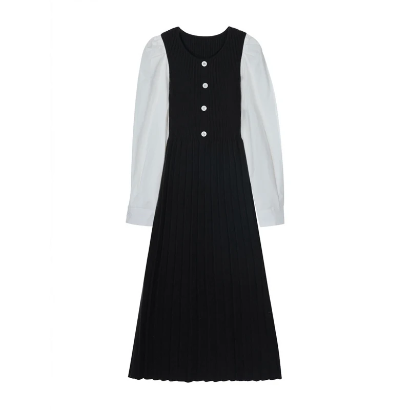 

One-Piece Woman Pleated Dress Korean Long Sleeve Knitted Sweater Dresses 2021 Women Spring Autumn Women Knitt Vestidos Lady
