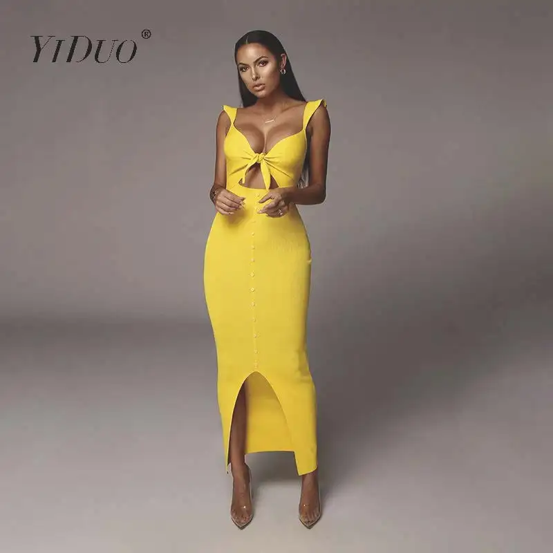 Женское длинное вечернее платье YiDuo красное макси на шнуровке с бантом оборками и