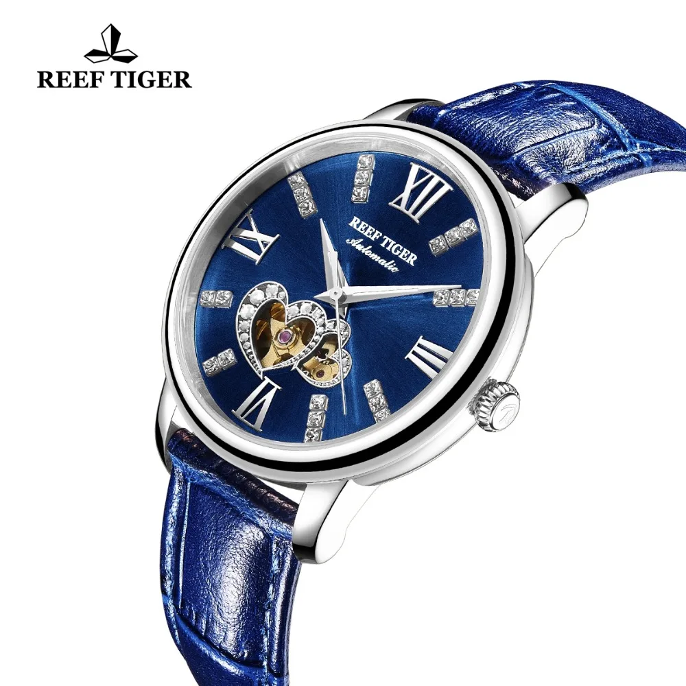 

Reef Tiger/RT Luxury Brand Women Watches Steel All Blue Watches Leather Strap Diamond Watches Reloj Mujer RGA1580