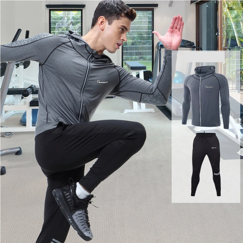

QUESHARK Men Running Training Suit Compression Fitness Sportswear Quick Dry Reflective Bodybuilding Joggers Tracksuit