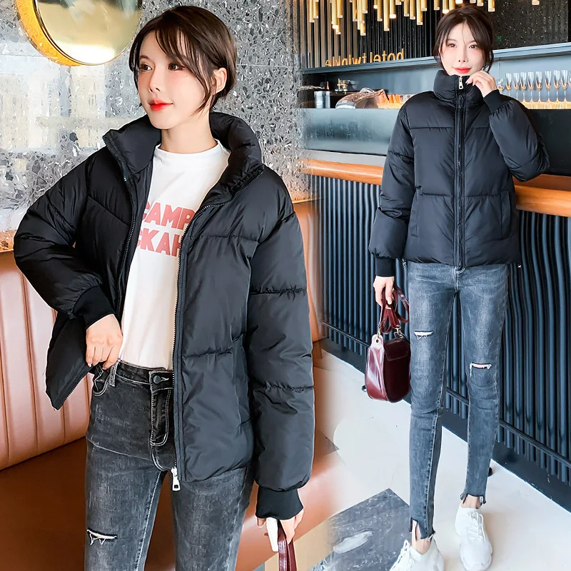 2021 Winter Jacket Women Parkas Solid Color Zipper Stand Collar Thicken Warm Coat Women Fashion Streetwear Loose Short Jacket