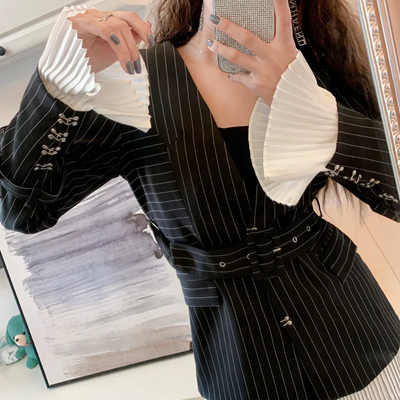 2020 стильный темно синий полосатый мини костюм женское осеннее платье средней