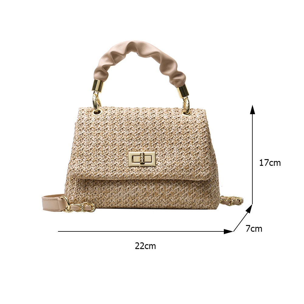 

Vintage Women's Bag Straw Woven Pure Color Shoulder Crossbody Messenger Bag Summer Beach Female Chain Pleated Top-handle Handbag