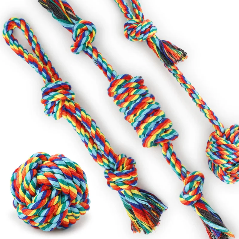 

Spot Wholesale Rainbow Cotton Rope Four Piece Pet Toy Set Colorful Rope Knot Pet Toy Dog Ball Rope Dog Toy