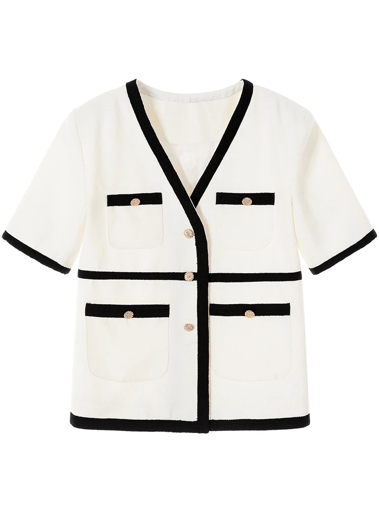 

2021 Summer New Retro Korean Thin Tweed Coat Women Fashion Short Sleeve Loose Fit White One Size O-neck Jacket Tops Outwear
