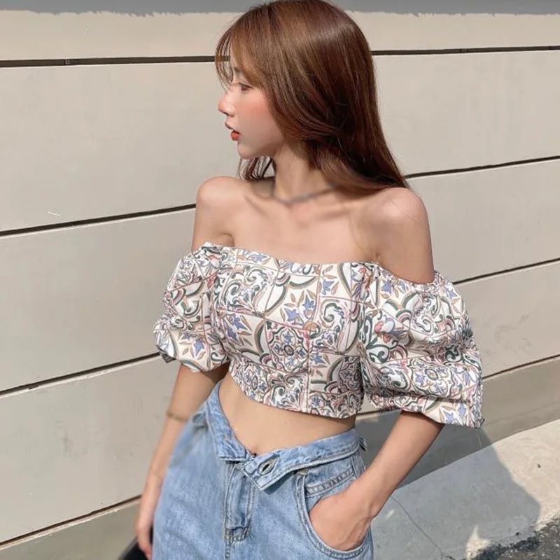 

Summer Women's Floral Print Blouses Square Collar Exposed Navel Chiffon Puff Short Sleeve Shirt Blouse