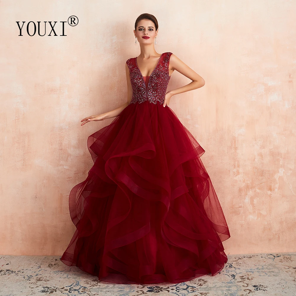 

YOUXI Tiered Evening Dress 2019 Deep V-Neck Beaded Crystals Beading Long Prom Formal Gown Burgundy robe de soiree abe