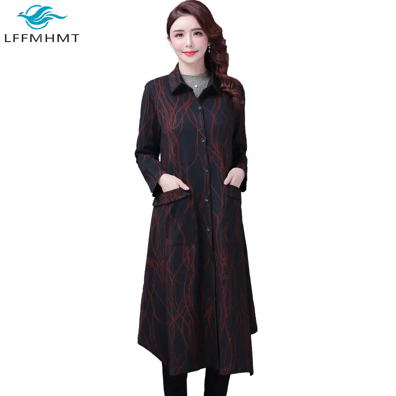 

Women Spring Fall Fashion Vintage Streak Print Long Coat 5XL Large Size Turn Down Collar Long Sleeve Elegant Casual Loose Trench