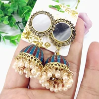 vintage ethnic gypsy indian earrings for women boho jewelry ladies retro round bell pearls tassel mirror jhumka earrings gift