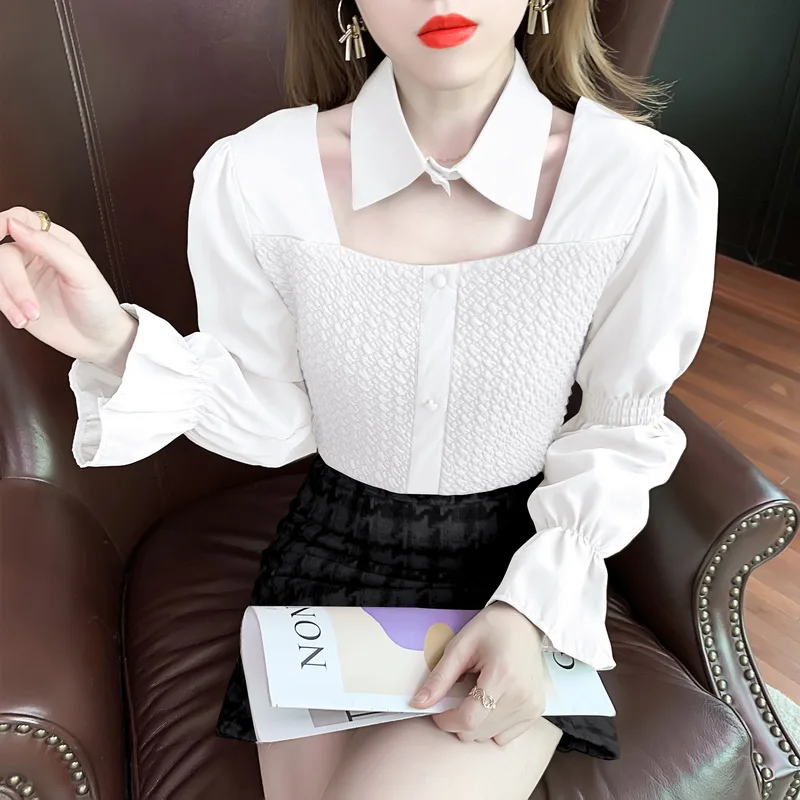 

Blended Women's Blouse Stitching Polo Girl's Shirt Spring Autumn Casual Fashion Long Sleeve Top Clothing Lady Blusas Houthion