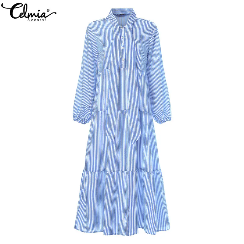 Женское длинное платье макси в полоску, халат, женское богемное платье с рукавом-фонариком, повседневное свободное плиссированное платье с галстуком, Vestidos 5XL