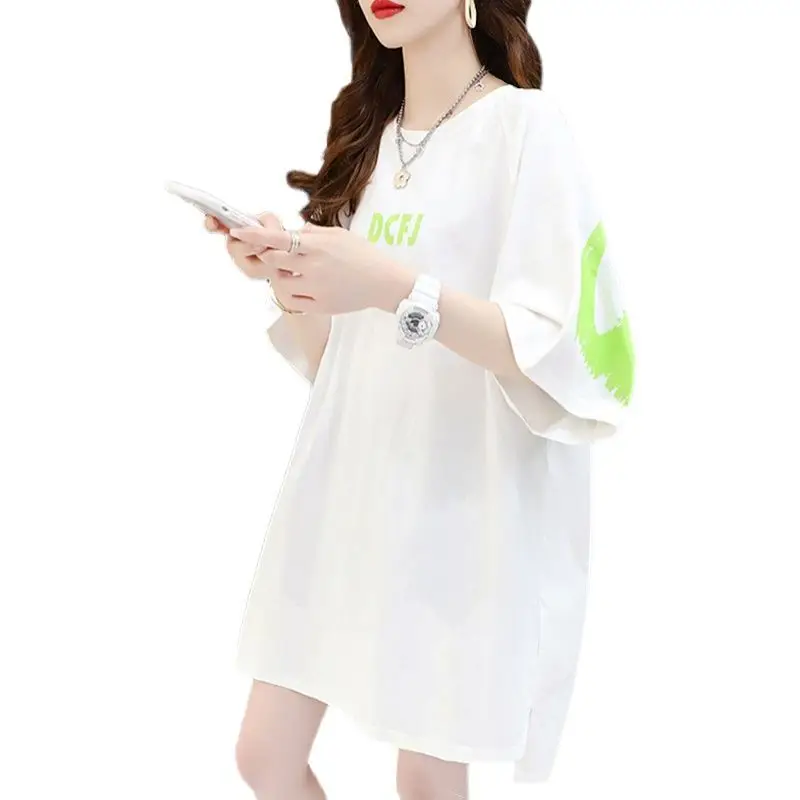 

Cotton Korean style long short sleeve T-shirt women's summer 2021 new Joker loose slim foreign style large size coat tide