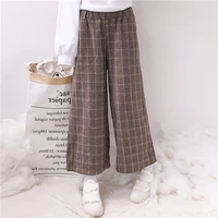 japanese plaid woolen wide leg pants women winter new high waist elastic loose pant female warm trousers