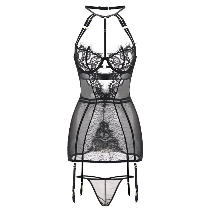 

Sexy Transparent Lace Corset Nightgown Womens Sleepwear Underwear Lingerie Sling Embroidery Nightdress Lenceria Femenina